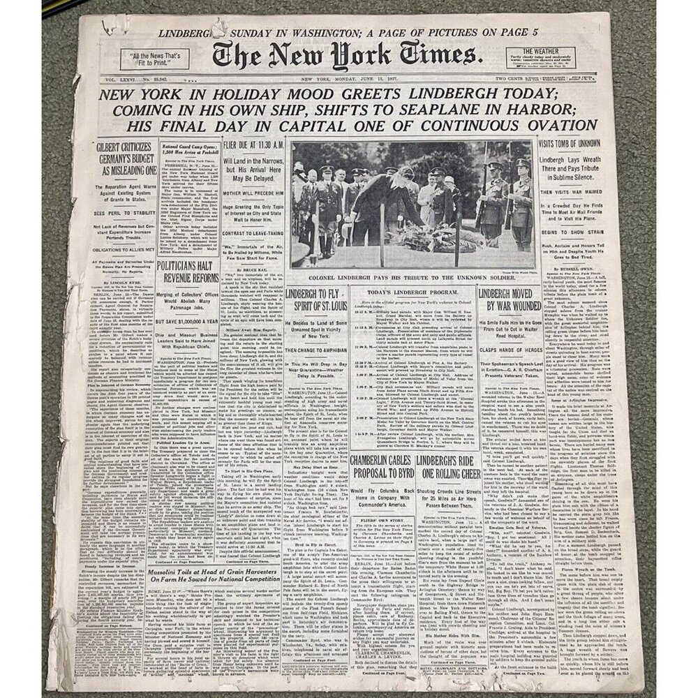 1927 JUNE 13 NEW YORK TIMES NEWSPAPER - NY IN MOOD GREETS LINDBERGH W/ 40 Pages!